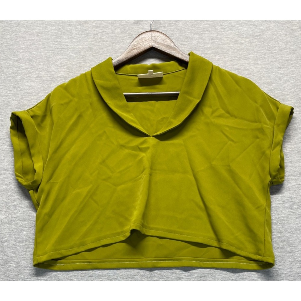 Melloday Cropped Blouse Top Womens Small Olive Green Shawl Neck Cuffed Sleeve